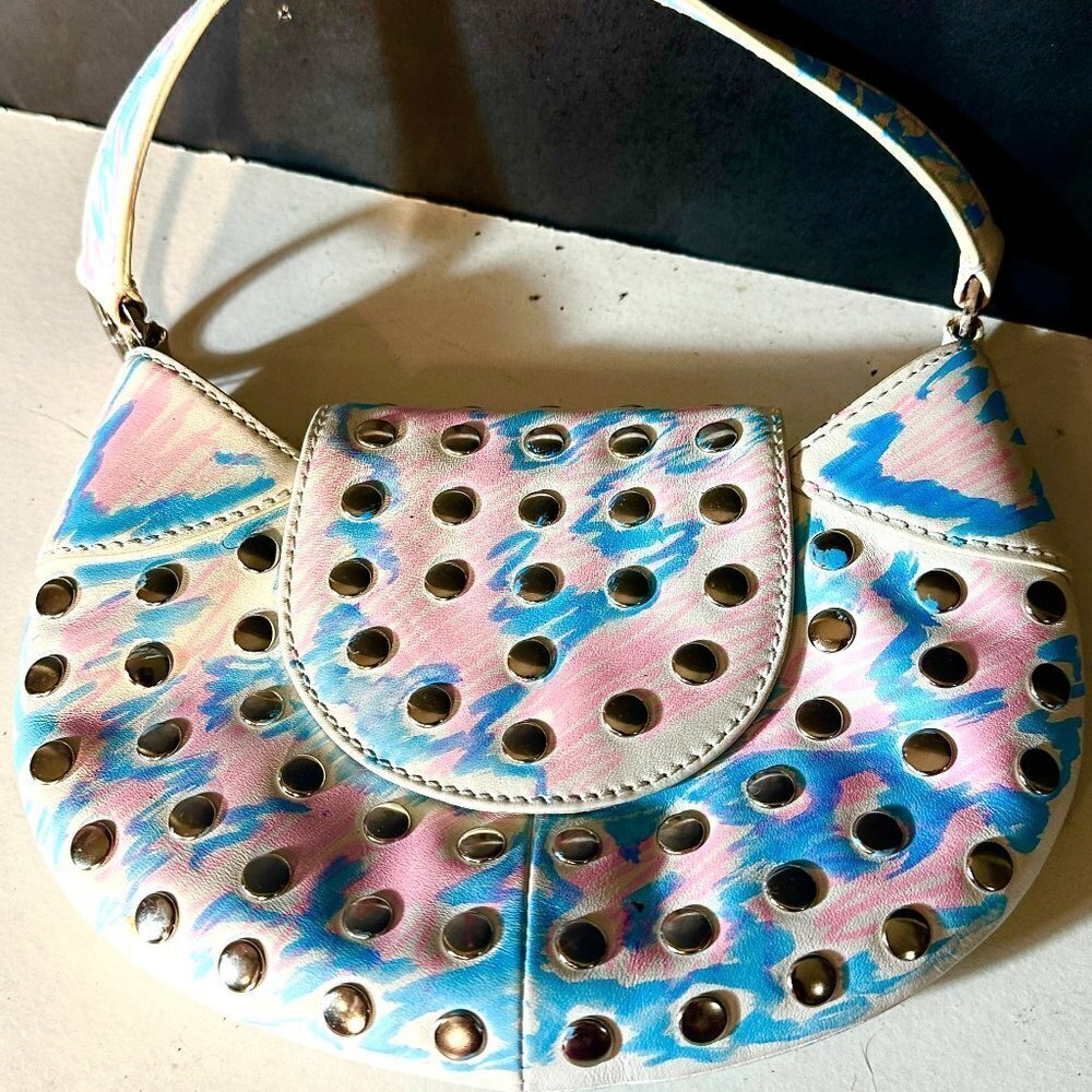 BCBG Studded Tie Dye Wristlet Bag Blue Pink Neon Club Handbag Silver Upcycle